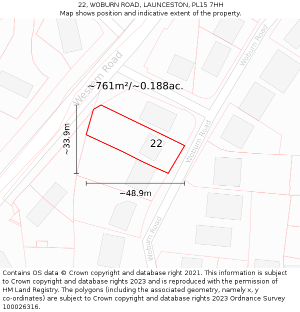 22, WOBURN ROAD, LAUNCESTON, PL15 7HH: Plot and title map
