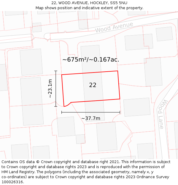 22, WOOD AVENUE, HOCKLEY, SS5 5NU: Plot and title map