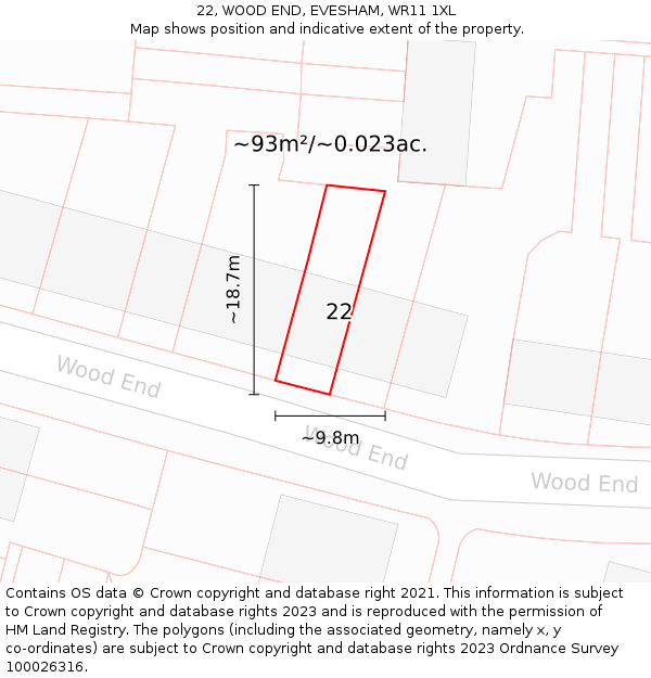 22, WOOD END, EVESHAM, WR11 1XL: Plot and title map