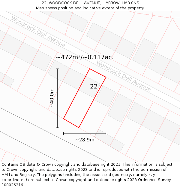 22, WOODCOCK DELL AVENUE, HARROW, HA3 0NS: Plot and title map