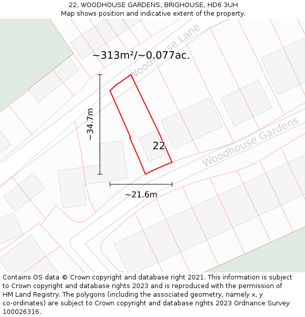 22, WOODHOUSE GARDENS, BRIGHOUSE, HD6 3UH: Plot and title map