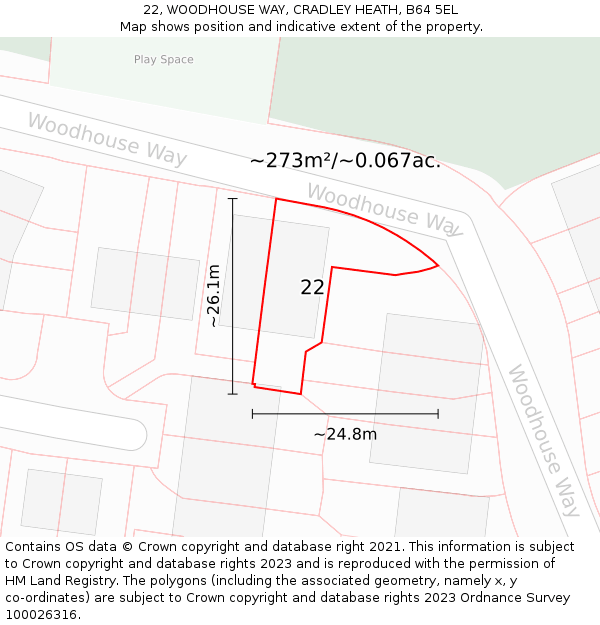 22, WOODHOUSE WAY, CRADLEY HEATH, B64 5EL: Plot and title map