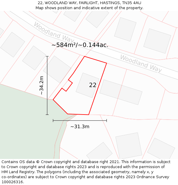 22, WOODLAND WAY, FAIRLIGHT, HASTINGS, TN35 4AU: Plot and title map
