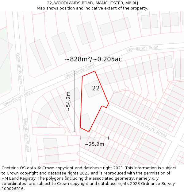 22, WOODLANDS ROAD, MANCHESTER, M8 9LJ: Plot and title map