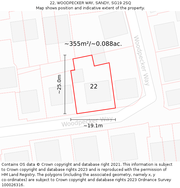 22, WOODPECKER WAY, SANDY, SG19 2SQ: Plot and title map