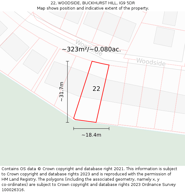22, WOODSIDE, BUCKHURST HILL, IG9 5DR: Plot and title map