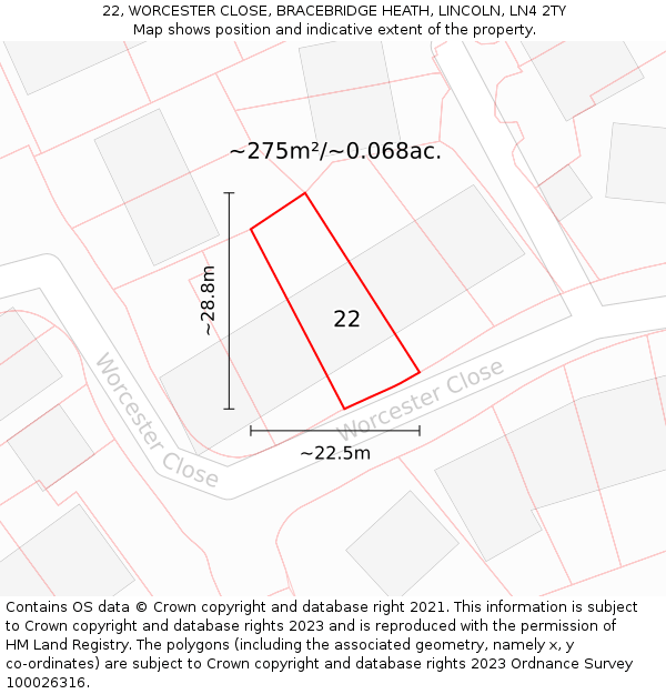 22, WORCESTER CLOSE, BRACEBRIDGE HEATH, LINCOLN, LN4 2TY: Plot and title map