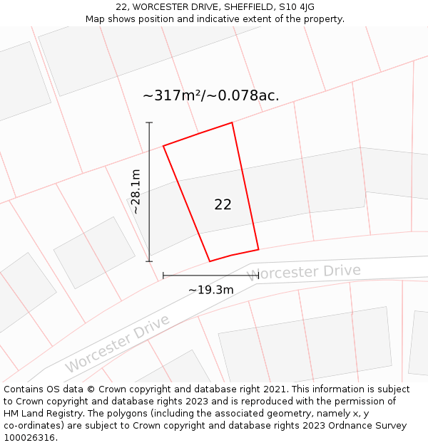 22, WORCESTER DRIVE, SHEFFIELD, S10 4JG: Plot and title map