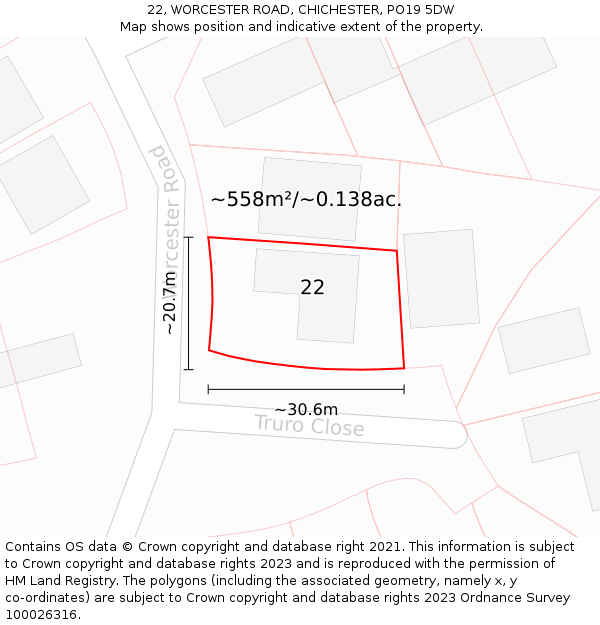 22, WORCESTER ROAD, CHICHESTER, PO19 5DW: Plot and title map