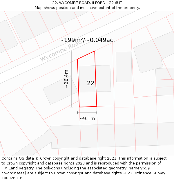 22, WYCOMBE ROAD, ILFORD, IG2 6UT: Plot and title map