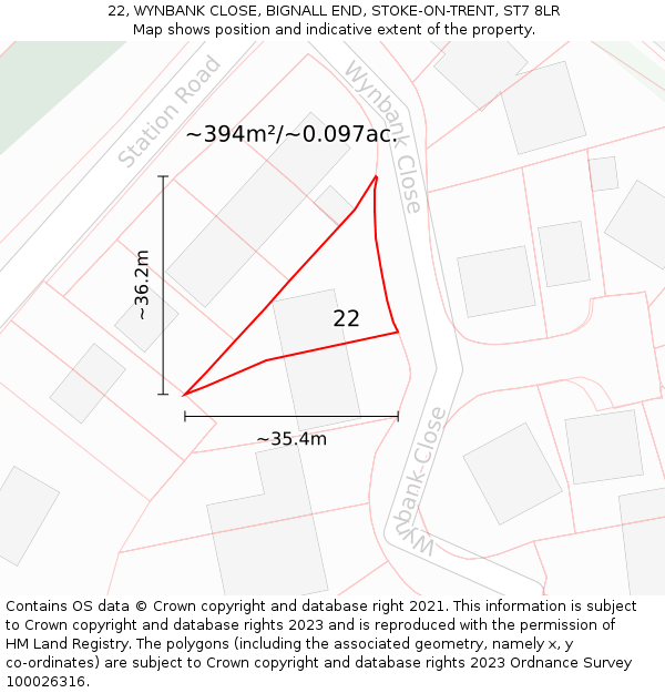 22, WYNBANK CLOSE, BIGNALL END, STOKE-ON-TRENT, ST7 8LR: Plot and title map