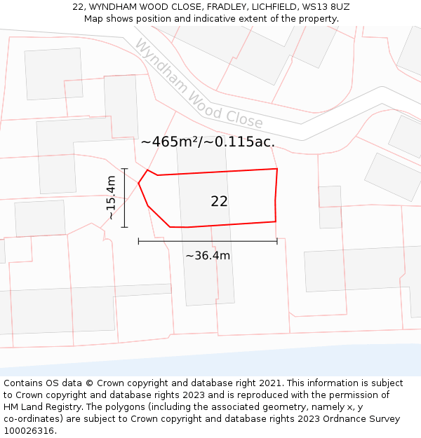 22, WYNDHAM WOOD CLOSE, FRADLEY, LICHFIELD, WS13 8UZ: Plot and title map