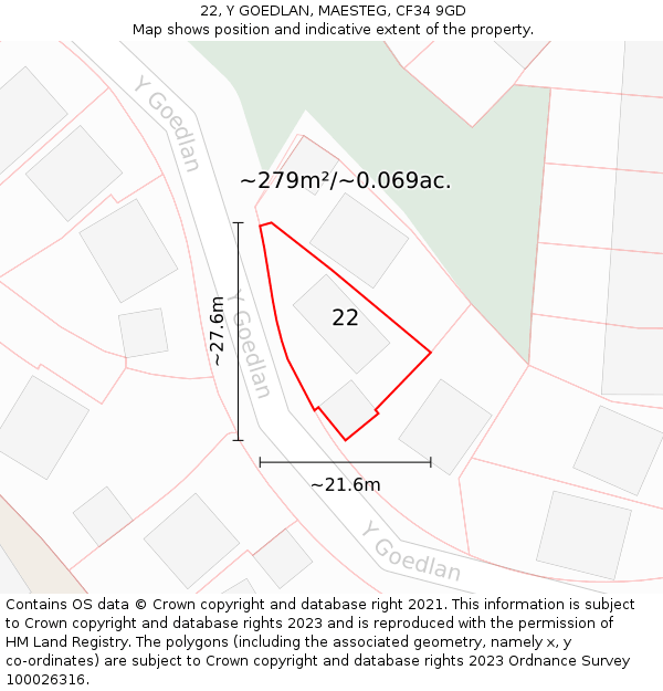 22, Y GOEDLAN, MAESTEG, CF34 9GD: Plot and title map