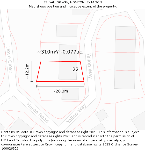 22, YALLOP WAY, HONITON, EX14 2GN: Plot and title map