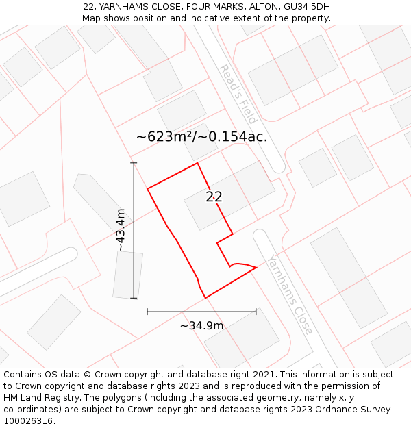 22, YARNHAMS CLOSE, FOUR MARKS, ALTON, GU34 5DH: Plot and title map