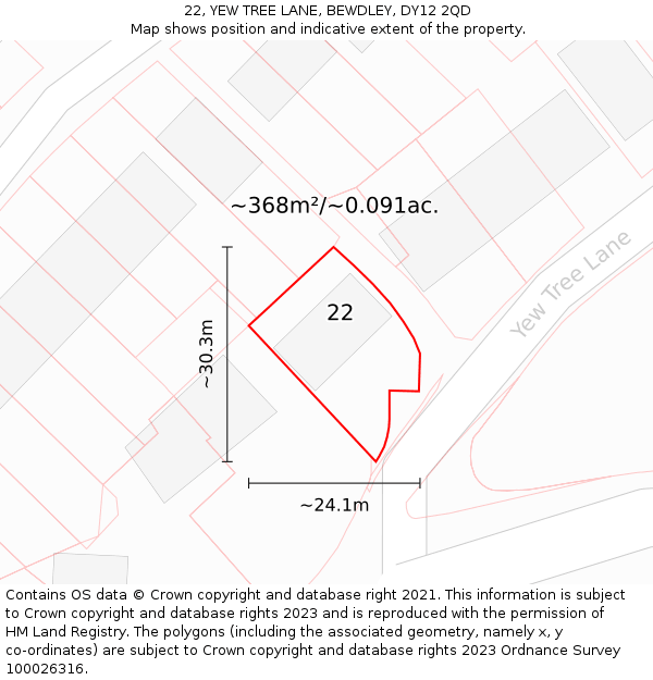 22, YEW TREE LANE, BEWDLEY, DY12 2QD: Plot and title map