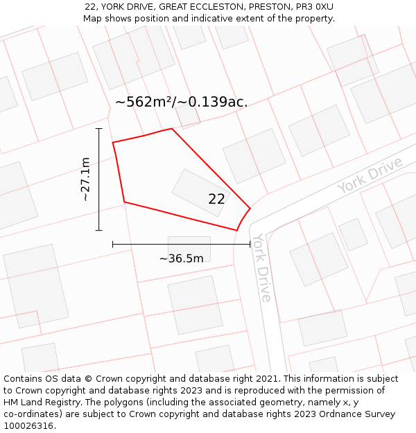22, YORK DRIVE, GREAT ECCLESTON, PRESTON, PR3 0XU: Plot and title map