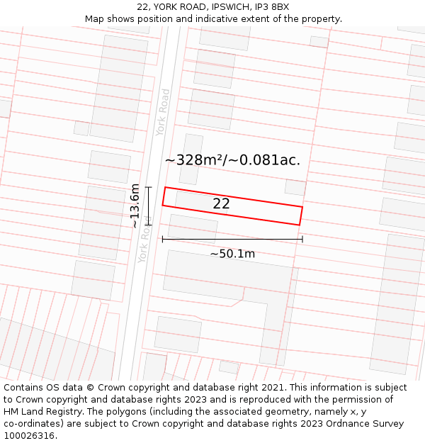 22, YORK ROAD, IPSWICH, IP3 8BX: Plot and title map