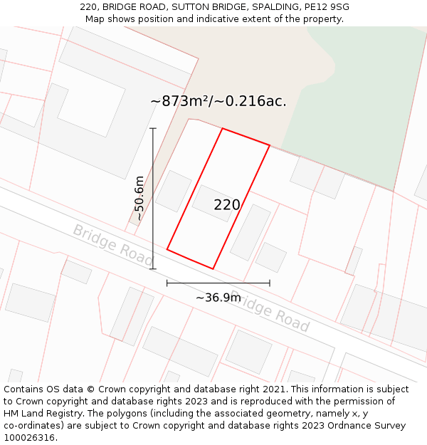 220, BRIDGE ROAD, SUTTON BRIDGE, SPALDING, PE12 9SG: Plot and title map