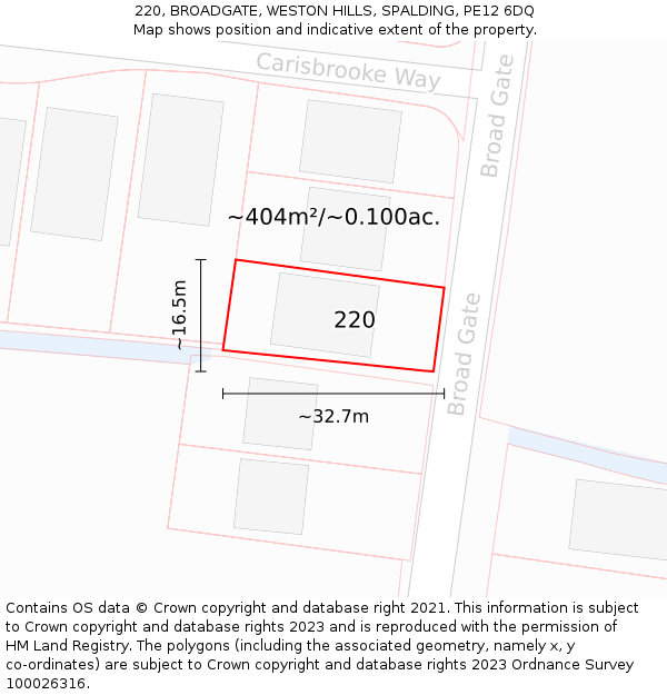 220, BROADGATE, WESTON HILLS, SPALDING, PE12 6DQ: Plot and title map