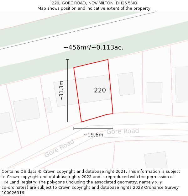 220, GORE ROAD, NEW MILTON, BH25 5NQ: Plot and title map