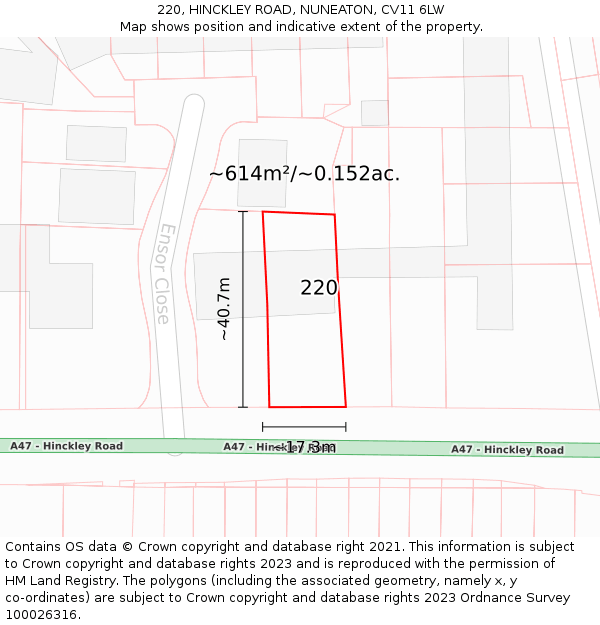 220, HINCKLEY ROAD, NUNEATON, CV11 6LW: Plot and title map