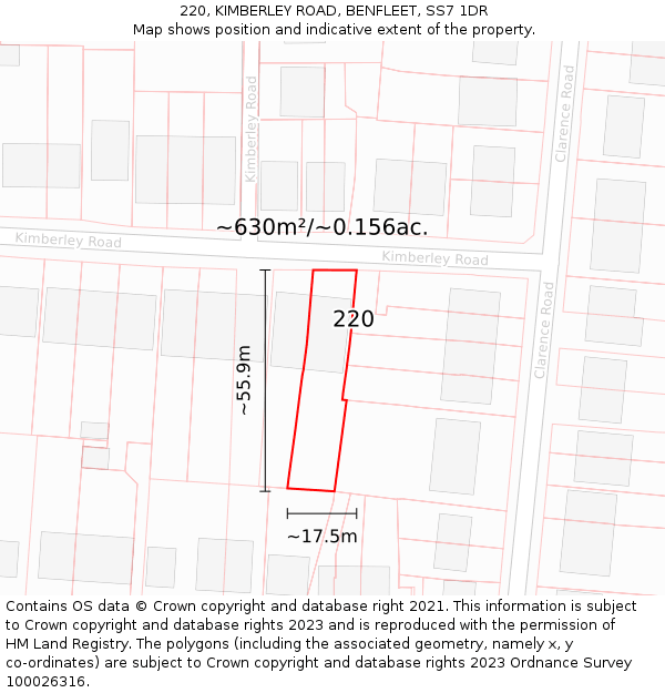 220, KIMBERLEY ROAD, BENFLEET, SS7 1DR: Plot and title map