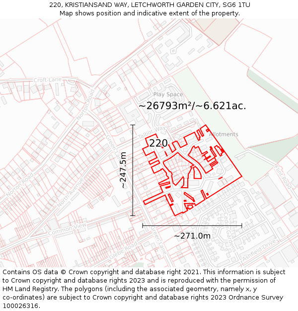 220, KRISTIANSAND WAY, LETCHWORTH GARDEN CITY, SG6 1TU: Plot and title map