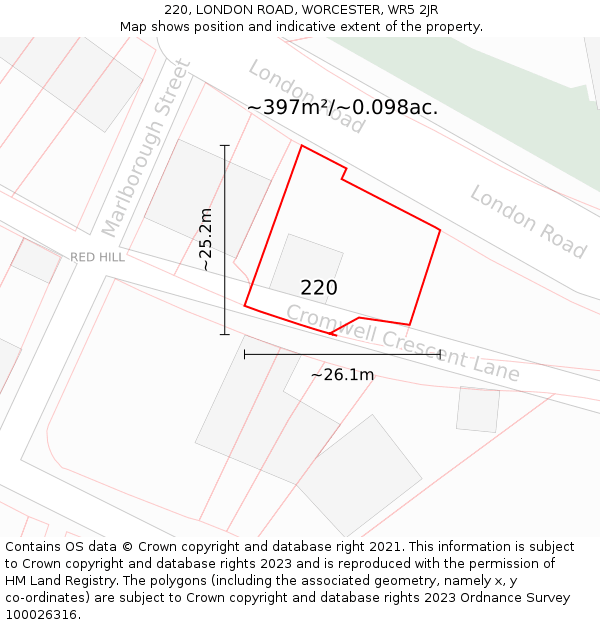 220, LONDON ROAD, WORCESTER, WR5 2JR: Plot and title map