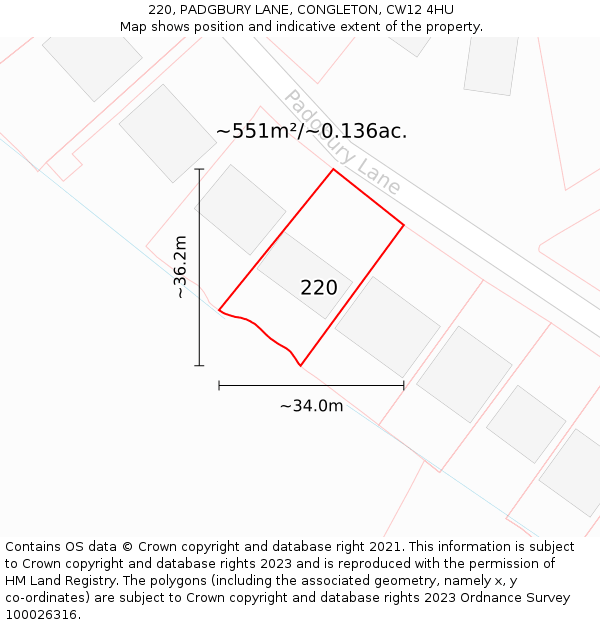 220, PADGBURY LANE, CONGLETON, CW12 4HU: Plot and title map