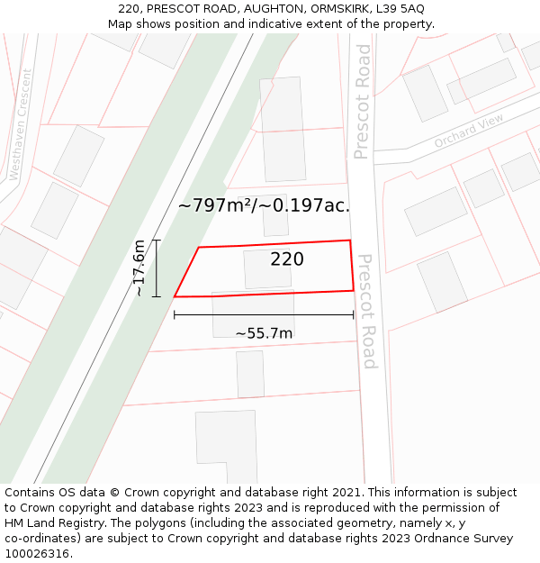 220, PRESCOT ROAD, AUGHTON, ORMSKIRK, L39 5AQ: Plot and title map