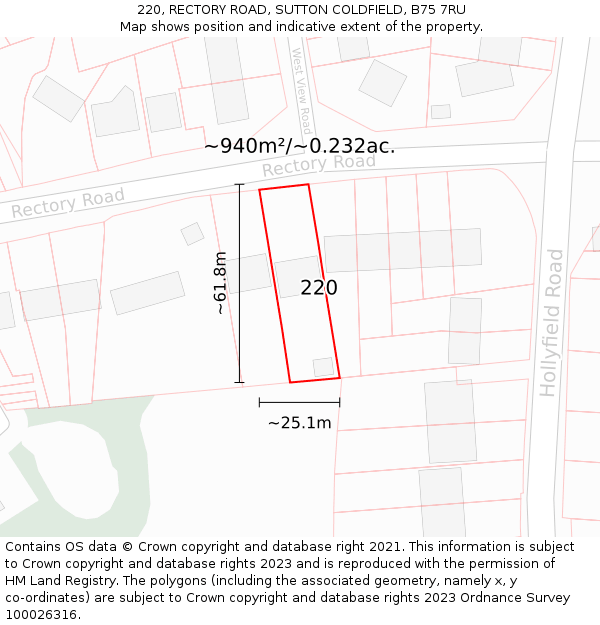 220, RECTORY ROAD, SUTTON COLDFIELD, B75 7RU: Plot and title map