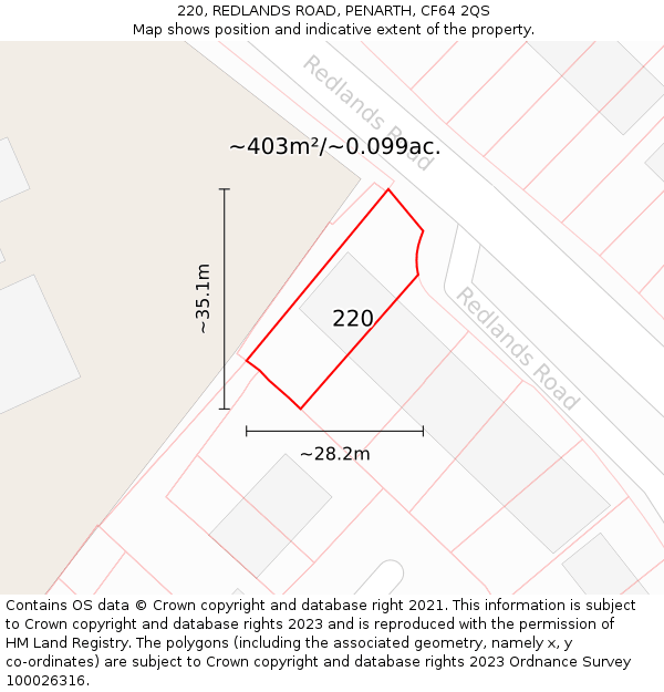 220, REDLANDS ROAD, PENARTH, CF64 2QS: Plot and title map