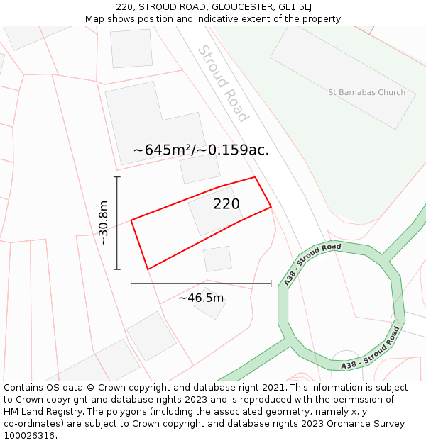 220, STROUD ROAD, GLOUCESTER, GL1 5LJ: Plot and title map