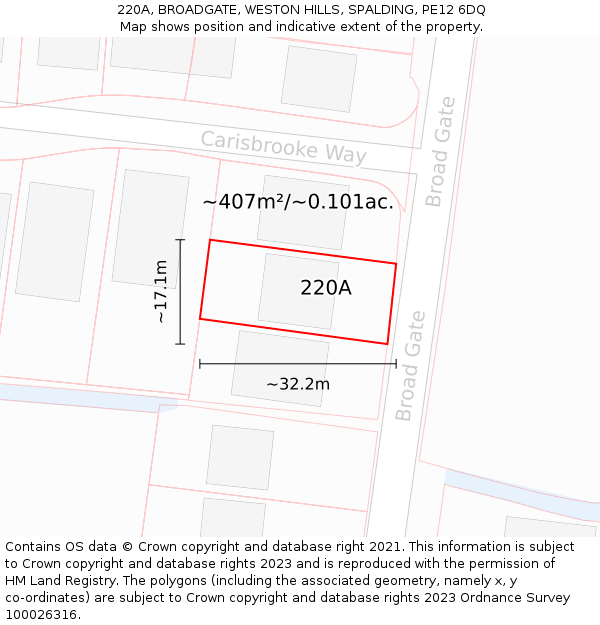 220A, BROADGATE, WESTON HILLS, SPALDING, PE12 6DQ: Plot and title map