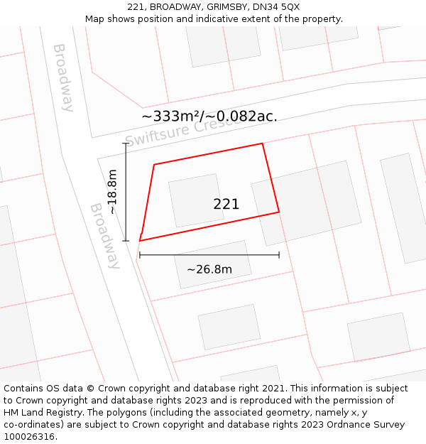 221, BROADWAY, GRIMSBY, DN34 5QX: Plot and title map