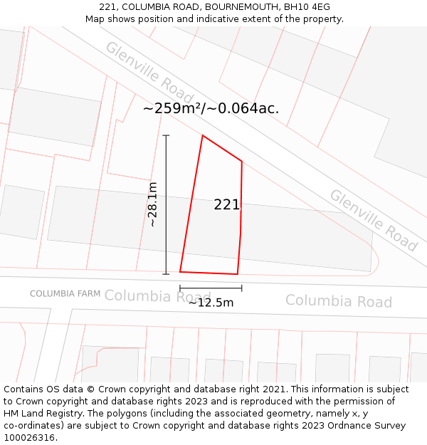 221, COLUMBIA ROAD, BOURNEMOUTH, BH10 4EG: Plot and title map