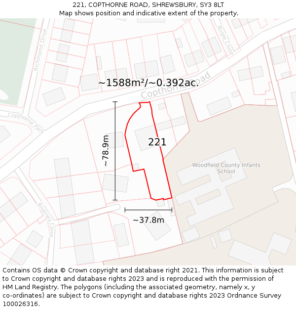 221, COPTHORNE ROAD, SHREWSBURY, SY3 8LT: Plot and title map