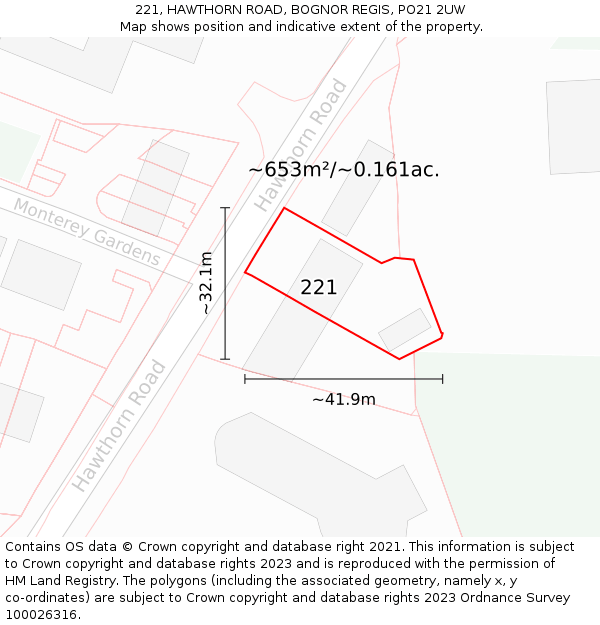 221, HAWTHORN ROAD, BOGNOR REGIS, PO21 2UW: Plot and title map