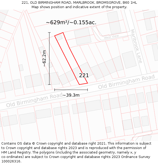 221, OLD BIRMINGHAM ROAD, MARLBROOK, BROMSGROVE, B60 1HL: Plot and title map