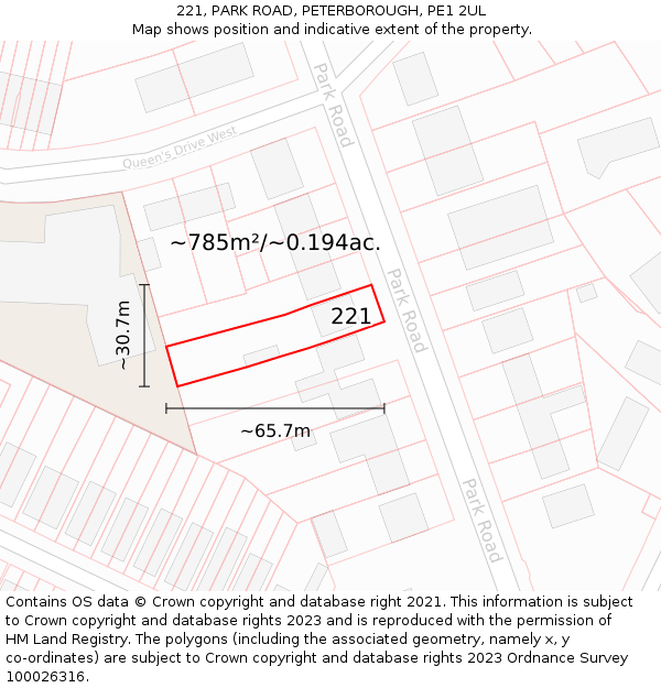 221, PARK ROAD, PETERBOROUGH, PE1 2UL: Plot and title map