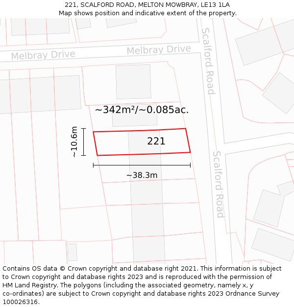 221, SCALFORD ROAD, MELTON MOWBRAY, LE13 1LA: Plot and title map