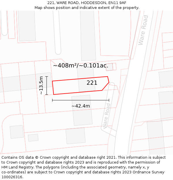 221, WARE ROAD, HODDESDON, EN11 9AF: Plot and title map