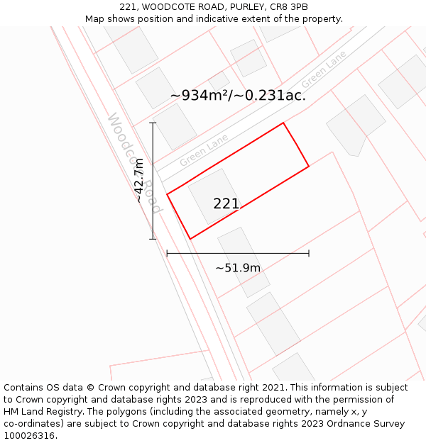 221, WOODCOTE ROAD, PURLEY, CR8 3PB: Plot and title map