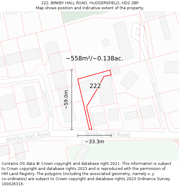 222, BIRKBY HALL ROAD, HUDDERSFIELD, HD2 2BP: Plot and title map