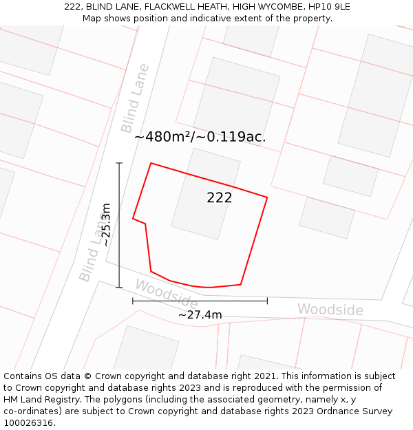 222, BLIND LANE, FLACKWELL HEATH, HIGH WYCOMBE, HP10 9LE: Plot and title map