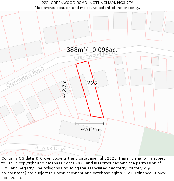 222, GREENWOOD ROAD, NOTTINGHAM, NG3 7FY: Plot and title map