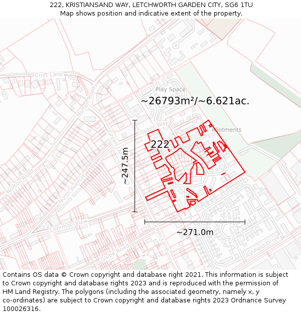 222, KRISTIANSAND WAY, LETCHWORTH GARDEN CITY, SG6 1TU: Plot and title map