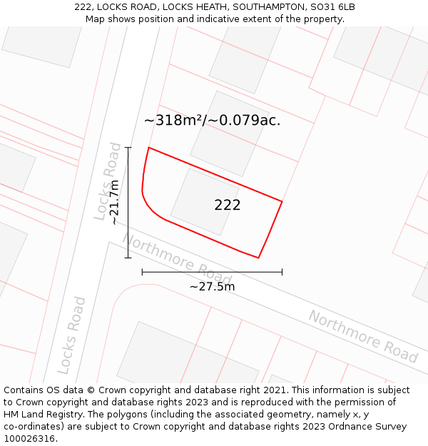 222, LOCKS ROAD, LOCKS HEATH, SOUTHAMPTON, SO31 6LB: Plot and title map