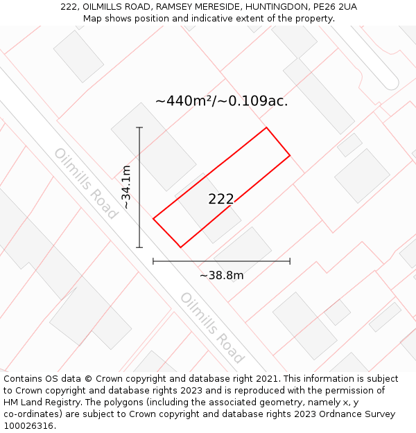 222, OILMILLS ROAD, RAMSEY MERESIDE, HUNTINGDON, PE26 2UA: Plot and title map